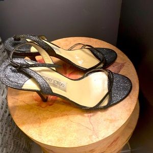 Jimmy Choo Metallic Dark Grey Lamè Fabric Minny Ankle Strap Open Toe Sandal